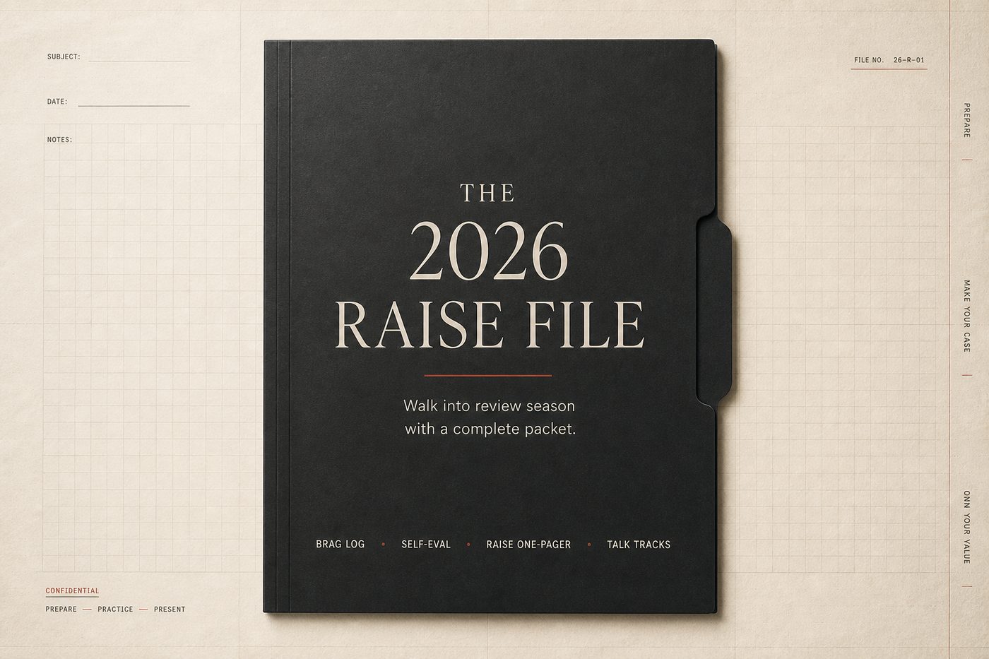 The 2026 Raise File cover: a navy dossier on cream grid paper